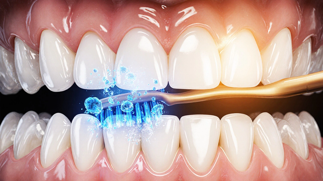 Průřez zubů s plakem a čistou mezí s kartáčkem.