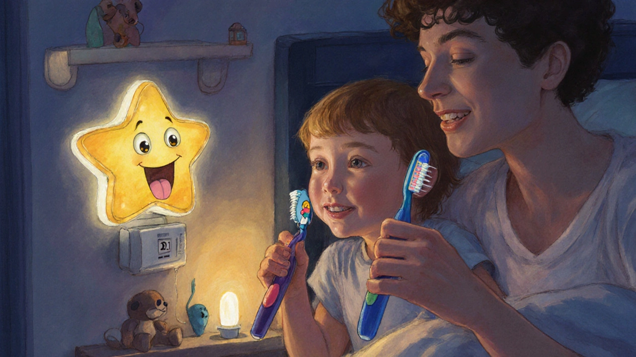 Rodič a dítě společně čistí zuby večer s časovačem.