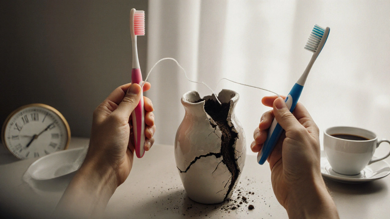 Ruce drží kartáček a nit vedle rozbité vázy se zemí, symbolizující ztrátu kosti.