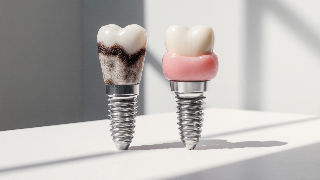 Side-by-side comparison of a failed and a successful dental implant in healthy tissue.