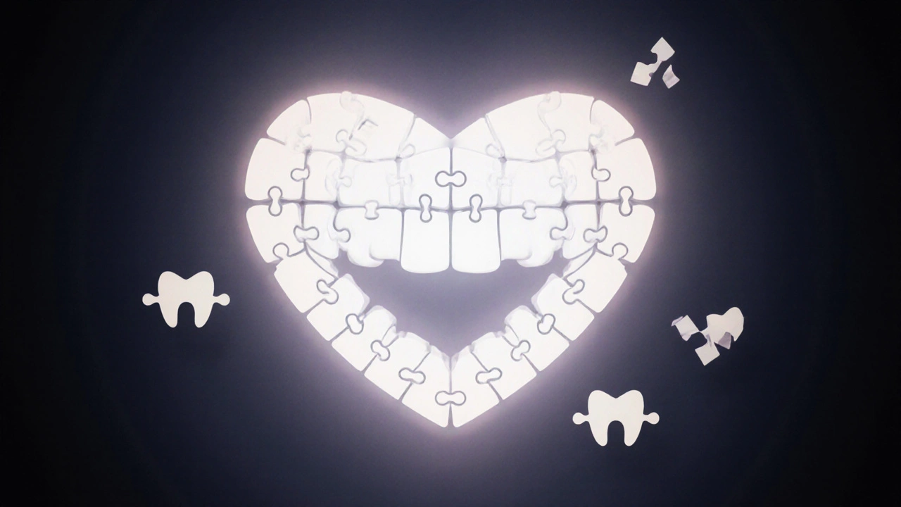 Srdce složené z dokonale vyrovnaných zubů, zbytek zubů se rozptyluje do temnoty.