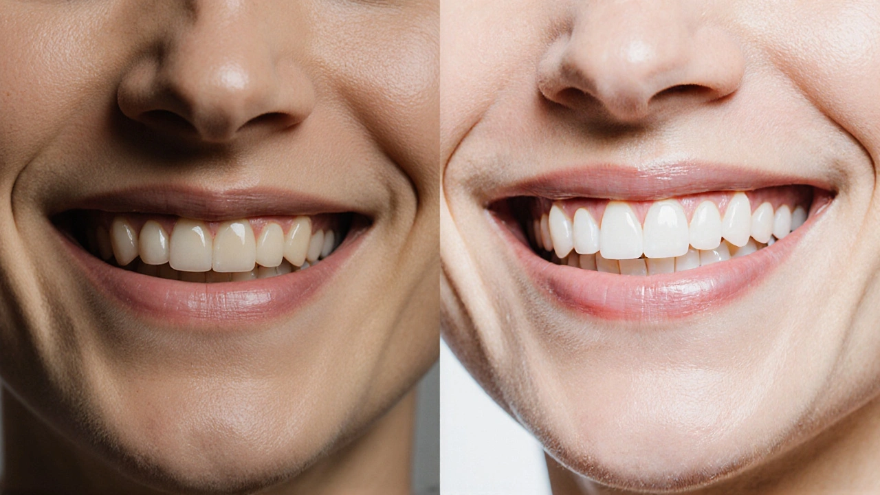 Srovnání zubů před a po použití bělicích pásek – přirozené zvýraznění barvy.