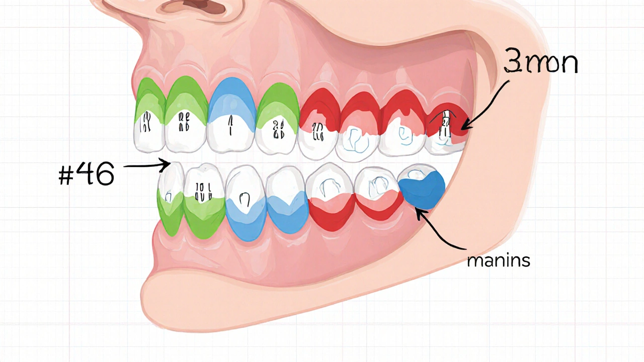 Struktura čelisti s barevně kódovanými typy zubů a označenými FDI čísly 46 a 23.