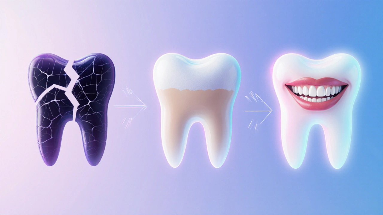 Symbolický přechod poškozeného zubu na zdravý, lesklý úsměv.