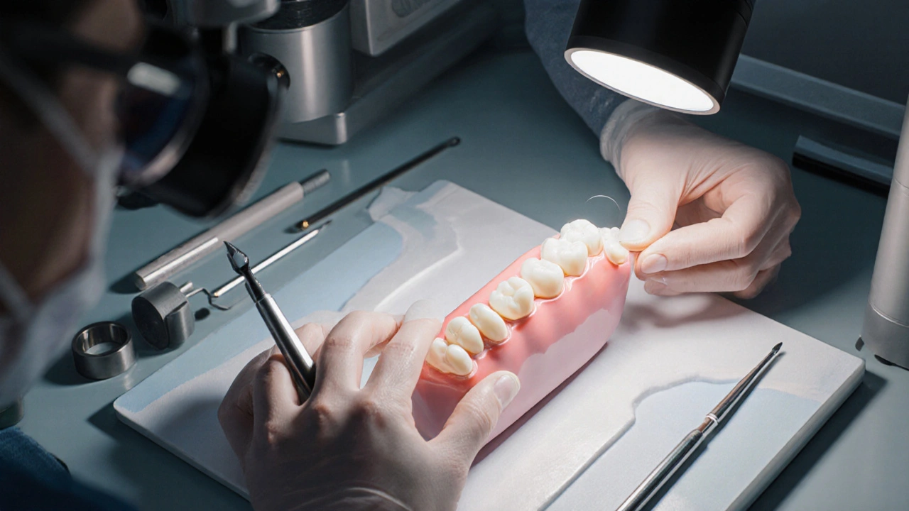 Technician hand-finishing a ceramic veneer in a dental laboratory.
