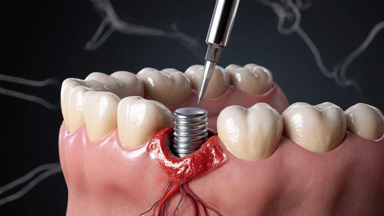 Titanium implant being surgically removed from jawbone with regenerating bone tissue.
