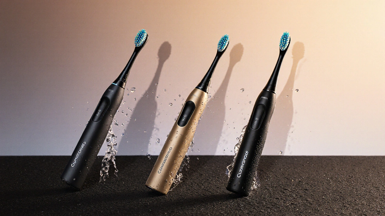 Tři modely zubních kartáčků Curaprox ve vzduchu, symbolizující čistotu a zdraví úst.