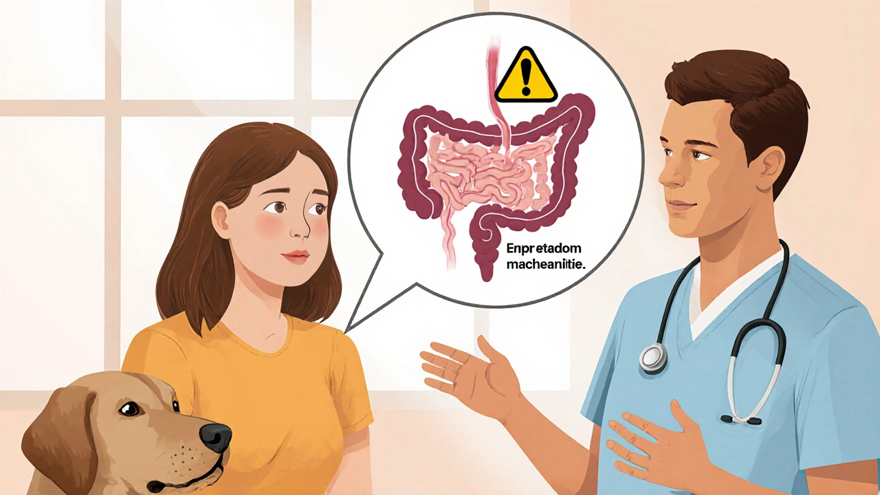 Veterinář vysvětluje majiteli, proč je před operací třeba nekrmít psa.