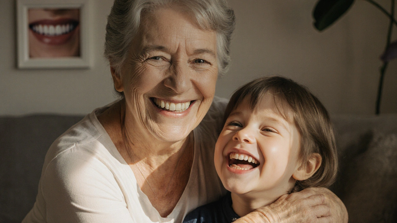Woman smiling warmly with her child, radiating confidence with a natural-looking smile.