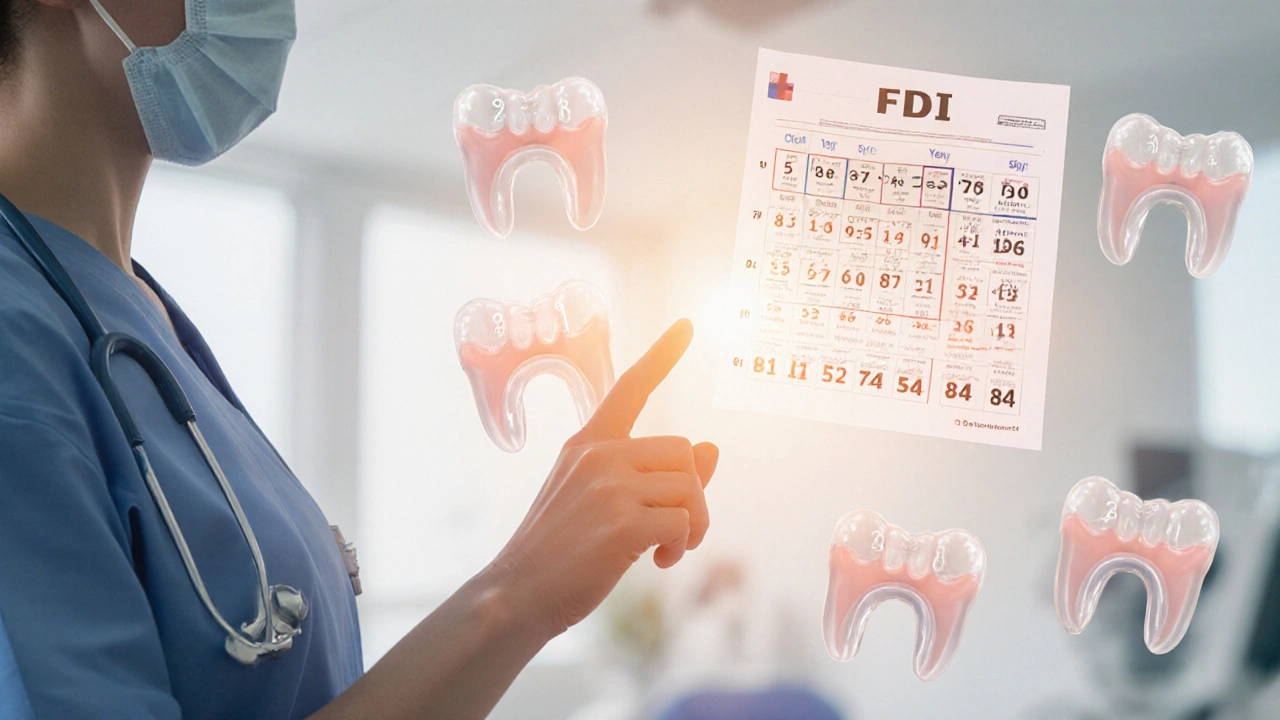 Zdravotník ukazuje na zubní chartu s čísly trvalých a mléčných zubů.