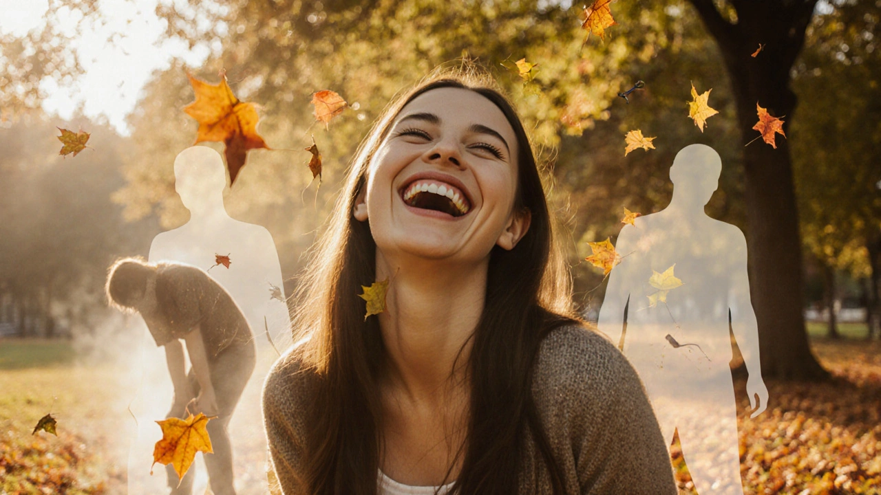 Žena se směje na slunci, za ní se rozplynou stíny její bývalé sebevědomé verze.