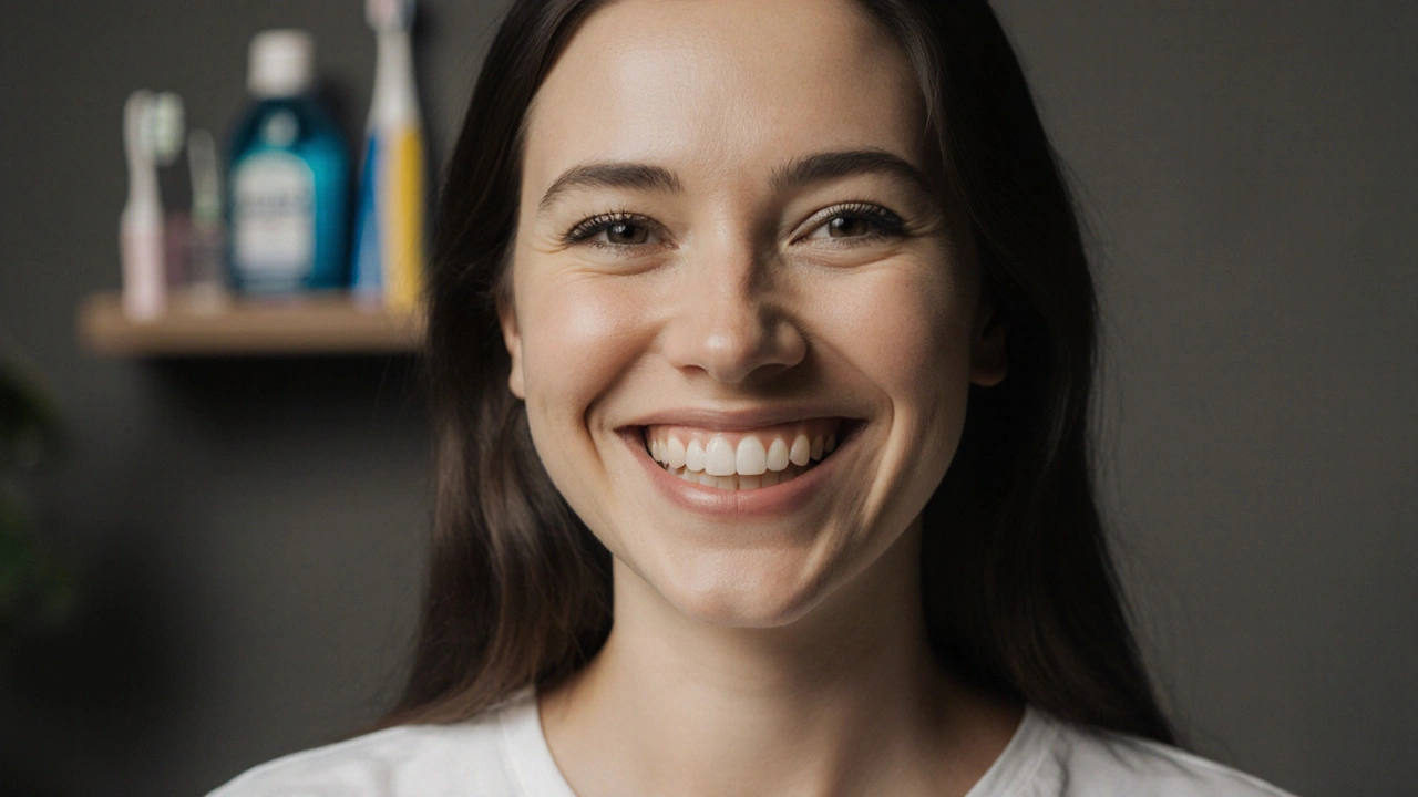 Žena široce usmívá, odhaluje zdravé zuby po ortodontické léčbě a opravách.