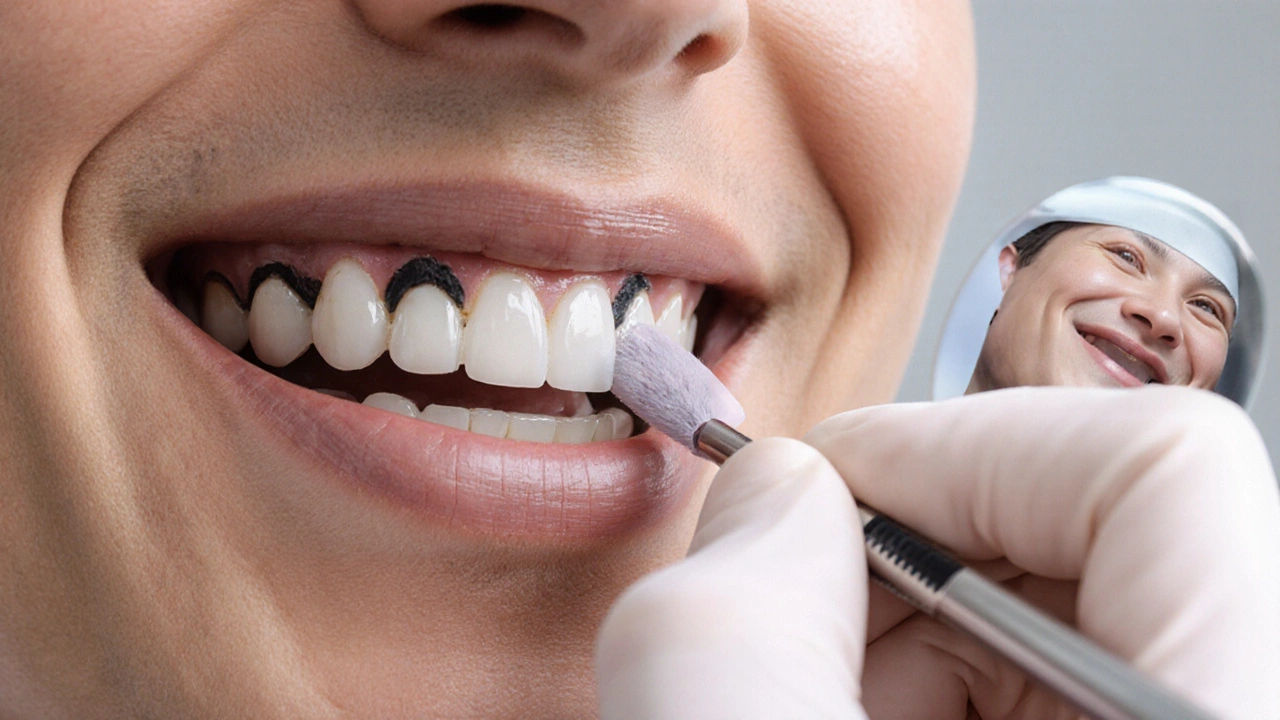 Zubní lékař aplikuje keramickou vložku na zub s tetracyklinovým poškozením pod klinickým osvětlením.