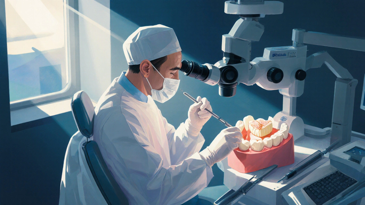 Zubní lékař pracuje s mikroskopem na opravě předního zubu v ordinaci.