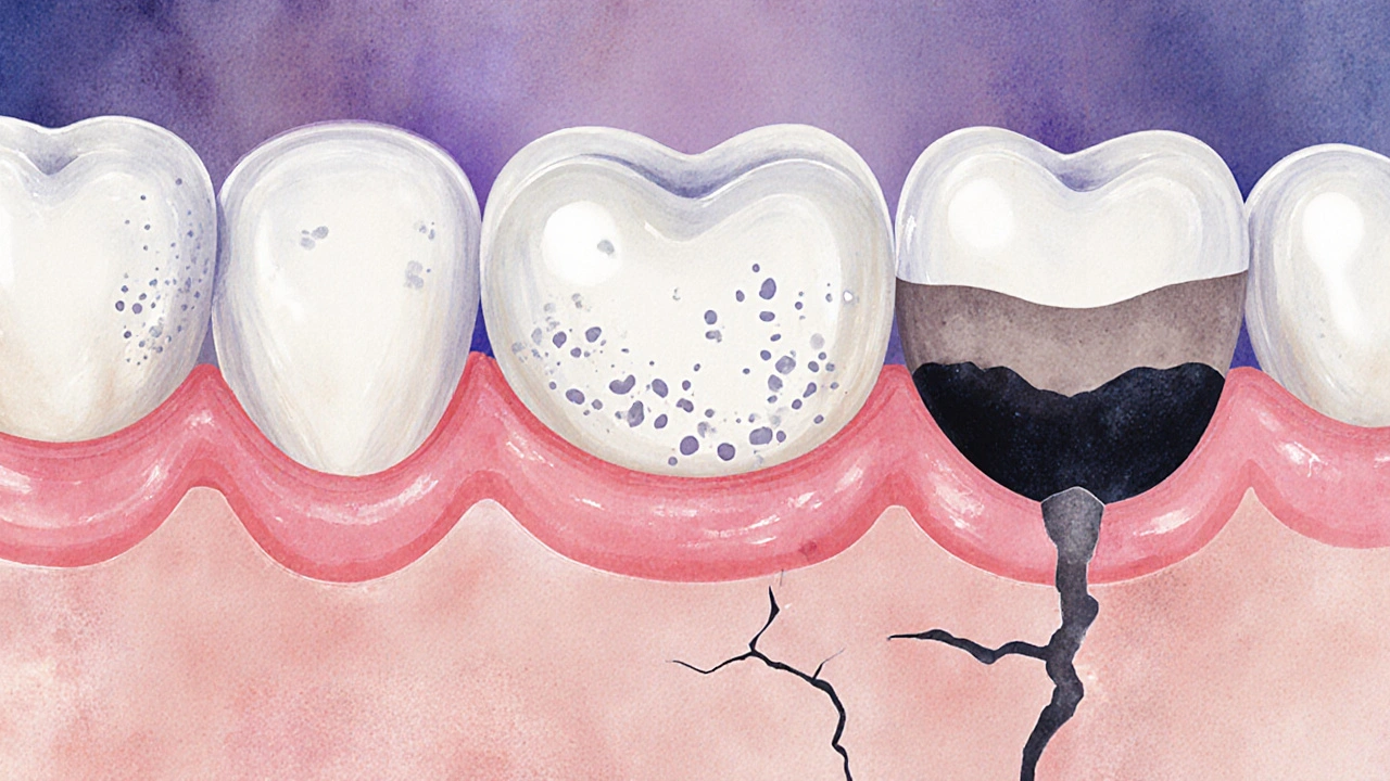 Zvětšený pohled na zub s bakteriemi, které ničí sklovinu, vznikají bílé a černé skvrny.
