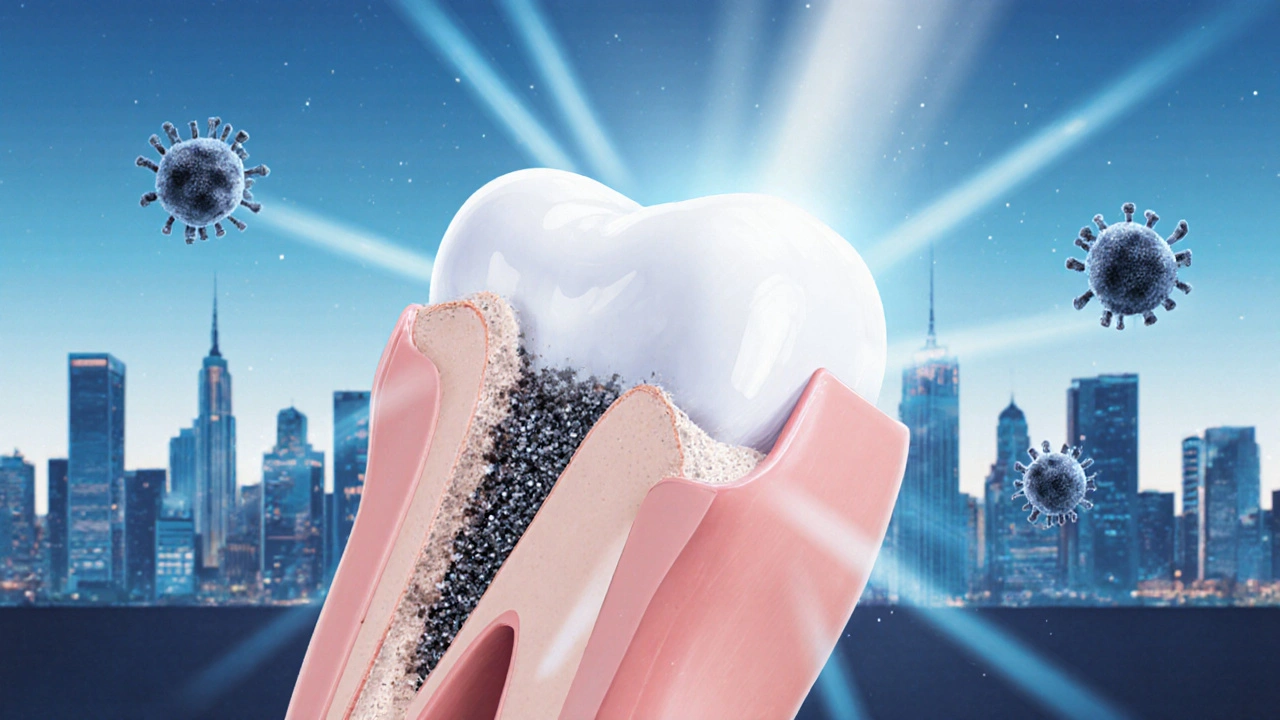 Zvětšený pohled na zubní enamel, kde jemné částice odstraňují plak bez poškození povrchu.