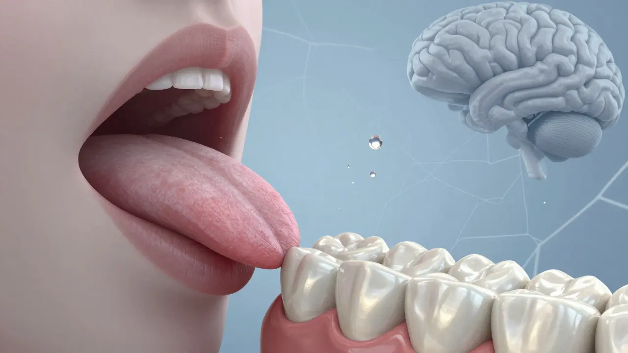 Abstraktní znázornění jazyka prozkoumávajícího hladký povrch keramického zubu s reprezentací mozkové přizpůsobivosti.