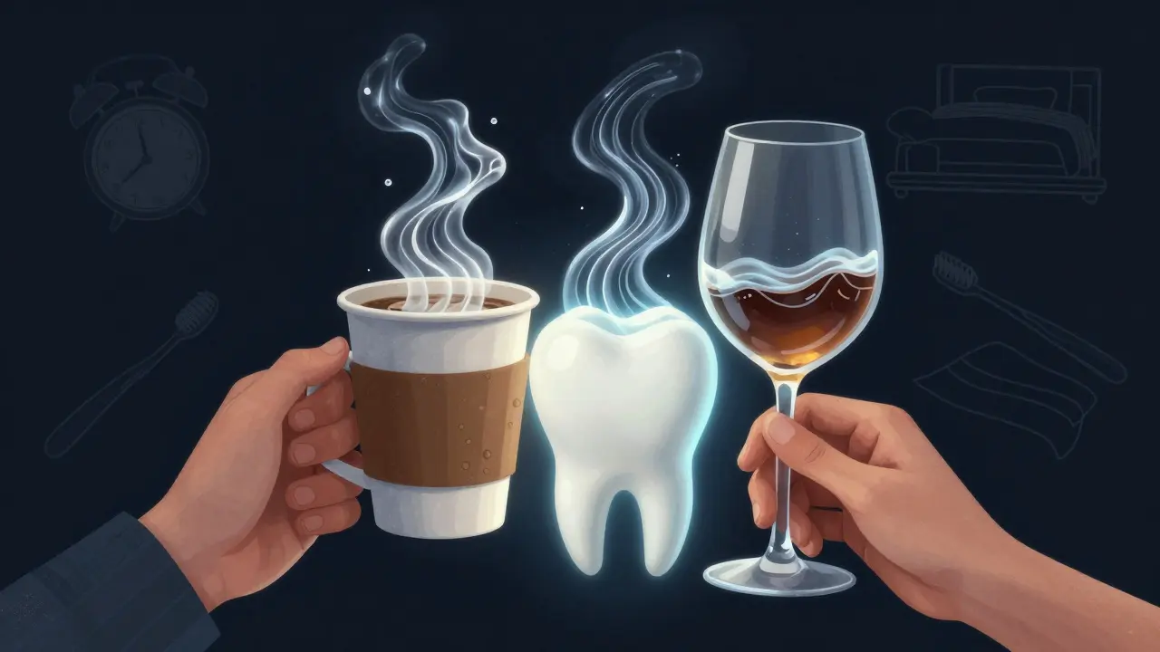 Člověk pije kávu a červené víno, zatímco kyseliny ničí jeho zuby neviditelně.