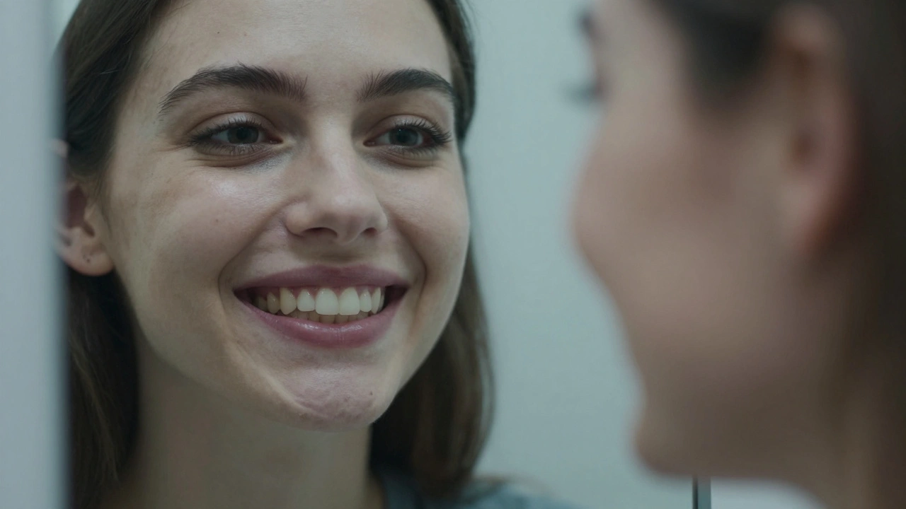 Člověk se dívá do zrcadla, kde jeho odraz zobrazuje iluzi skvrn na zubech způsobených nerovným bělením.