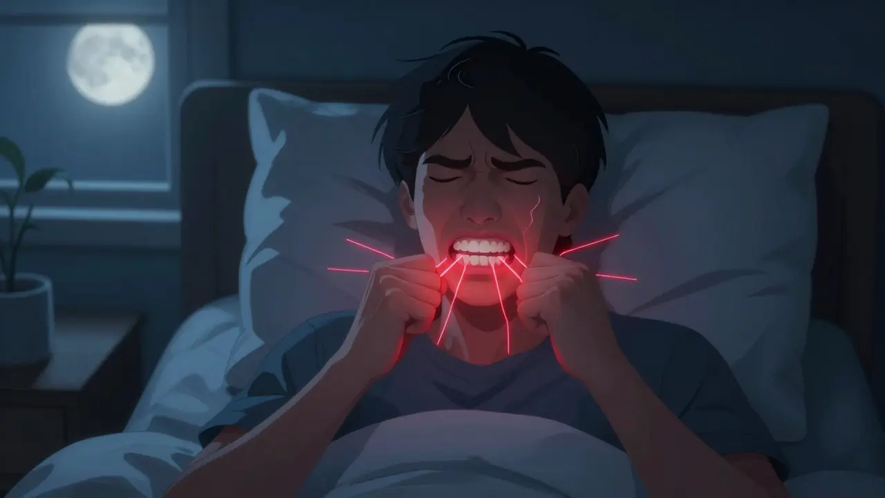 Člověk se tře zuby během spánku, praskliny symbolizovány červenými čarami.