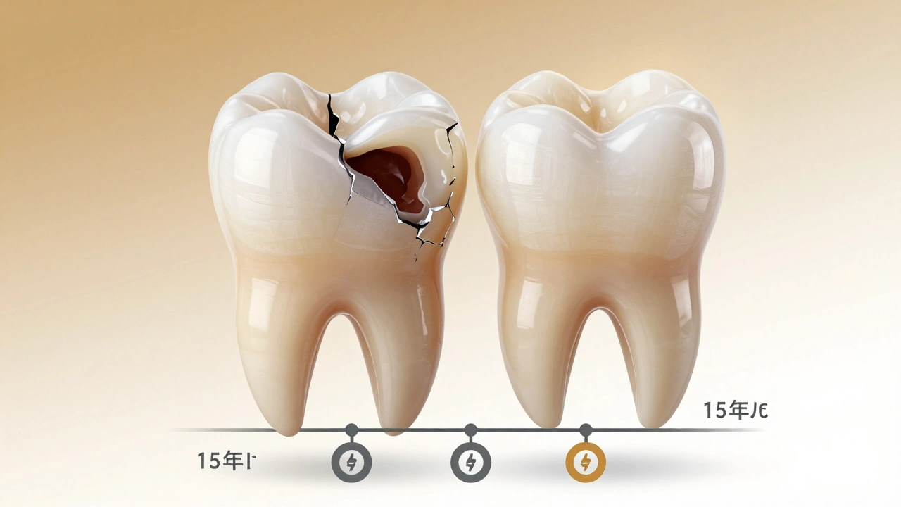 Cross-section of a tooth transforming from decay to a durable ceramic onlay.