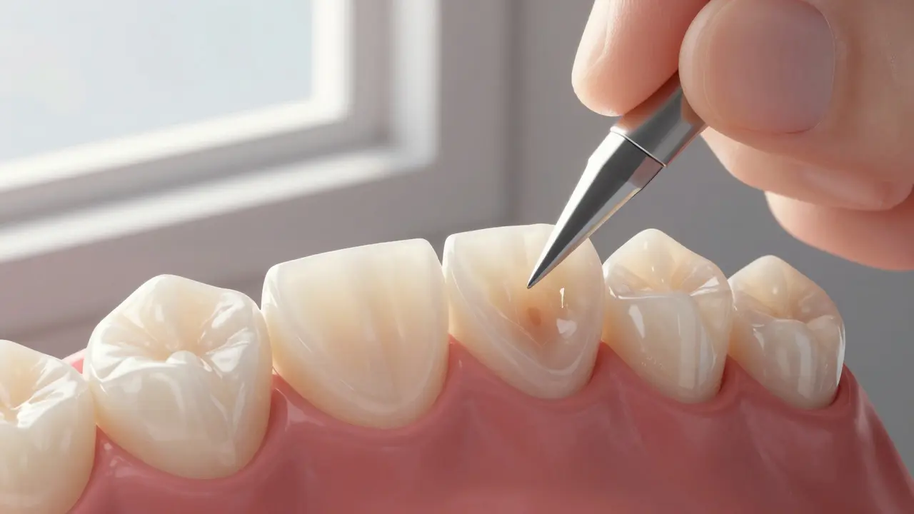 Dentist applying thin composite veneers to mask deep internal tooth discoloration.