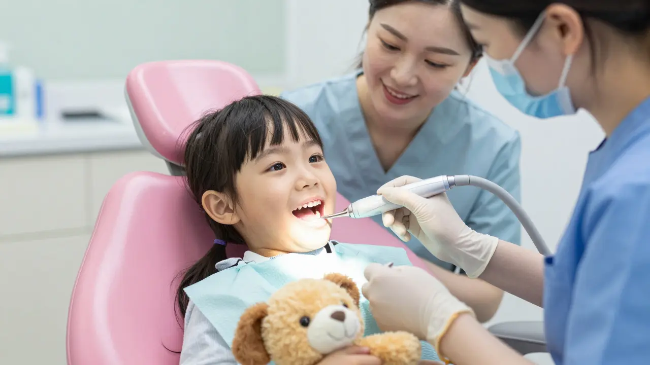 Dětská hygienistka čistí zuby ultrazvukem, dítě se směje a drží měkké hračku.