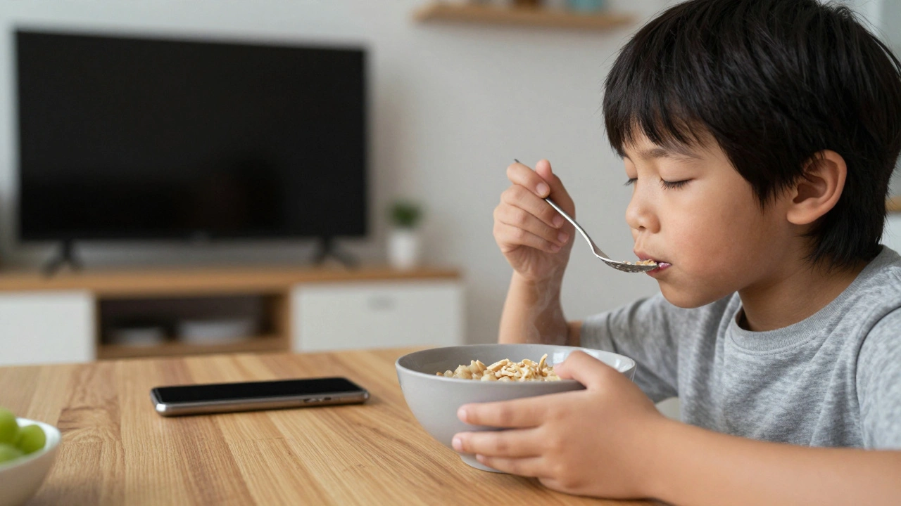 Dítě pomalu jí ovesnou kaši, zaměřeno na chutnání, bez elektronických zařízení.