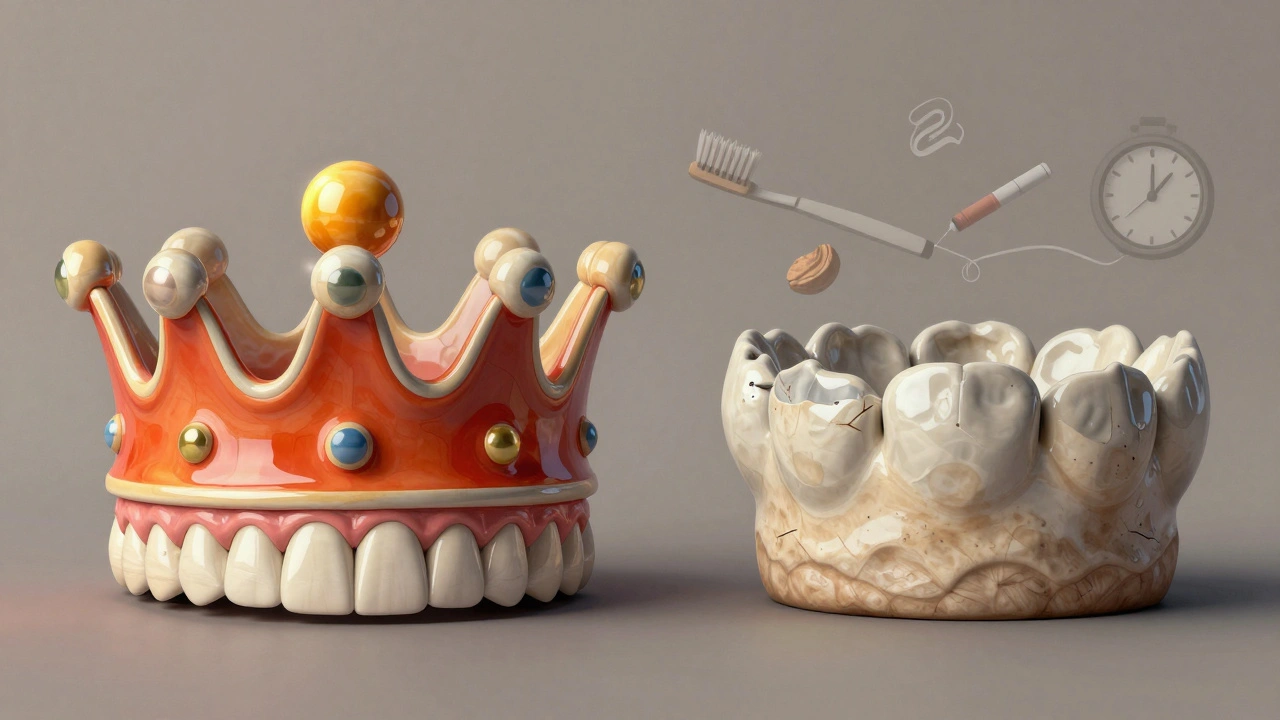 Dvě verze zubní korunky: nová a po 15 letech opotřebení.