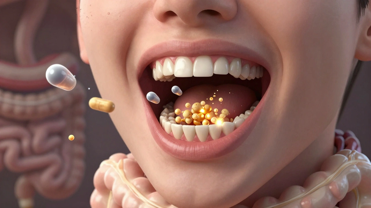 Ilustrace úst jako trávicí laboratoře s enzymy rozkládajícími škrob ve slinách.