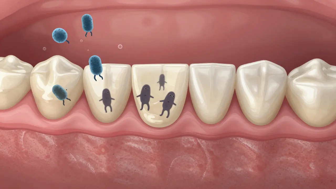 Měkký plak se postupně mění v tvrdý zubní kámen podél dásní s mikroskopickými bakteriemi.
