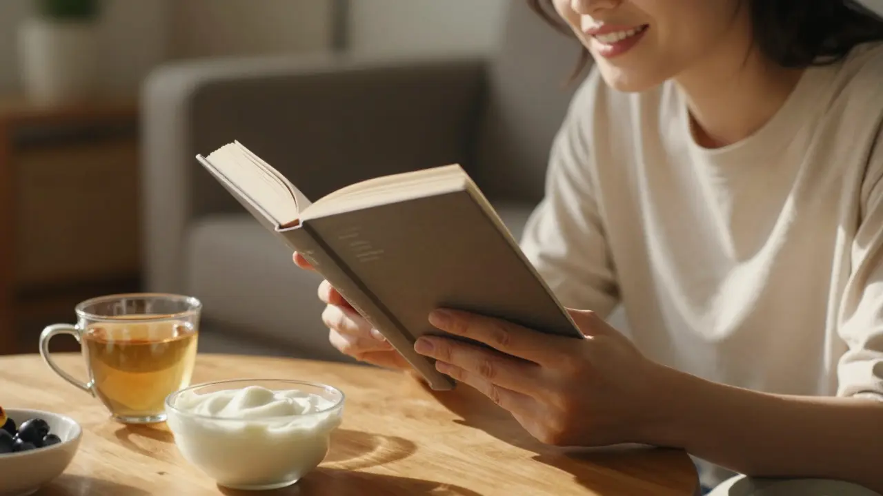 Osoba čte nahlas v pohodlném prostředí, jemně se zvedá ústa při mluvení s novými zuby.