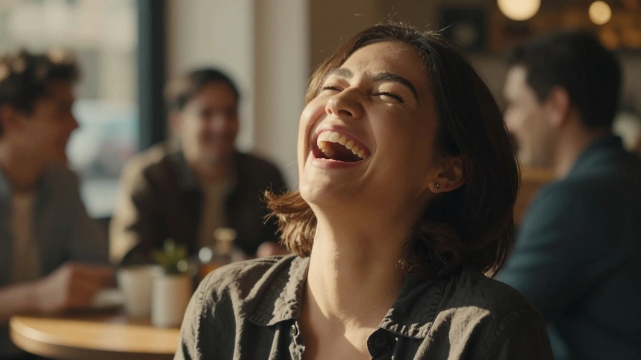 Osoba směje se bez obav v kavárně s čistými zuby a zdravými dásněmi.