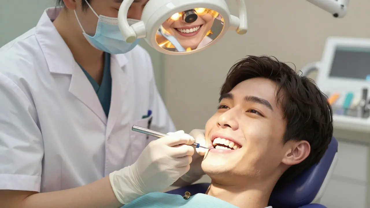 Pacient se usmívá s obnoveným předním zubem po kompozitní výplni.