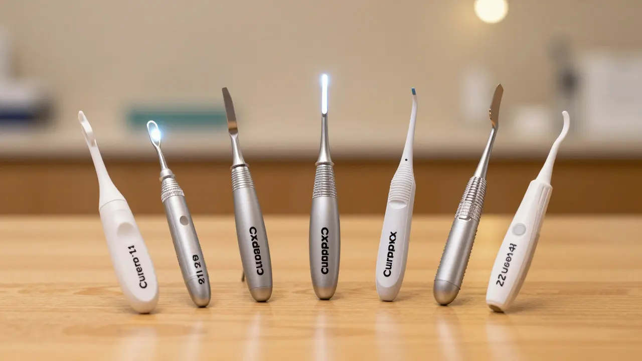 Pět modelů Curaprox kartáčků uspořádaných podle účelu pro různé potřeby ústní dutiny.