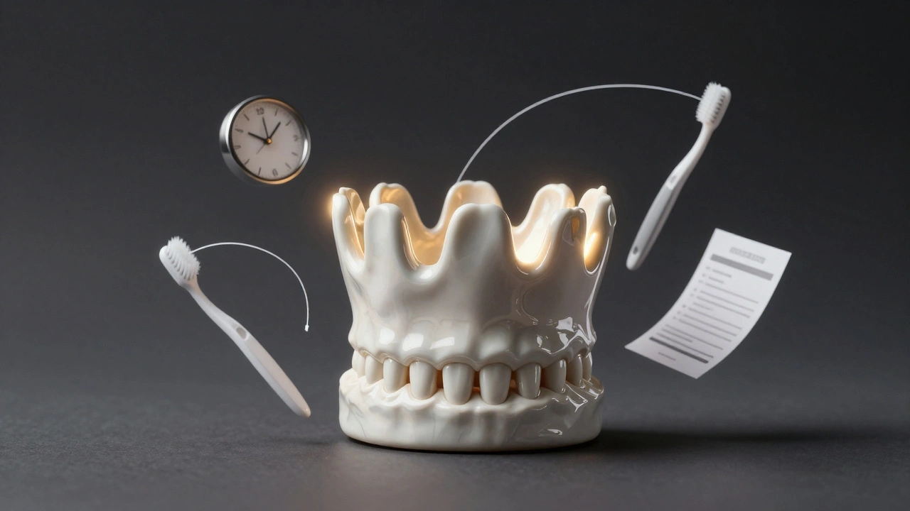 Porcelánová korunka zářící zevnitř v čelisti, symbolizující trvanlivost a péči.
