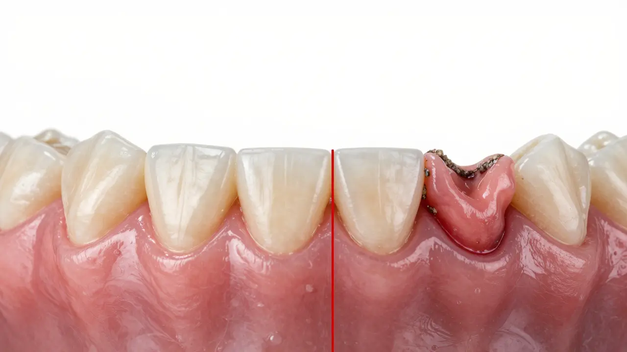 Porovnání zdravé a nemocné dásně s a bez zubního kamene.