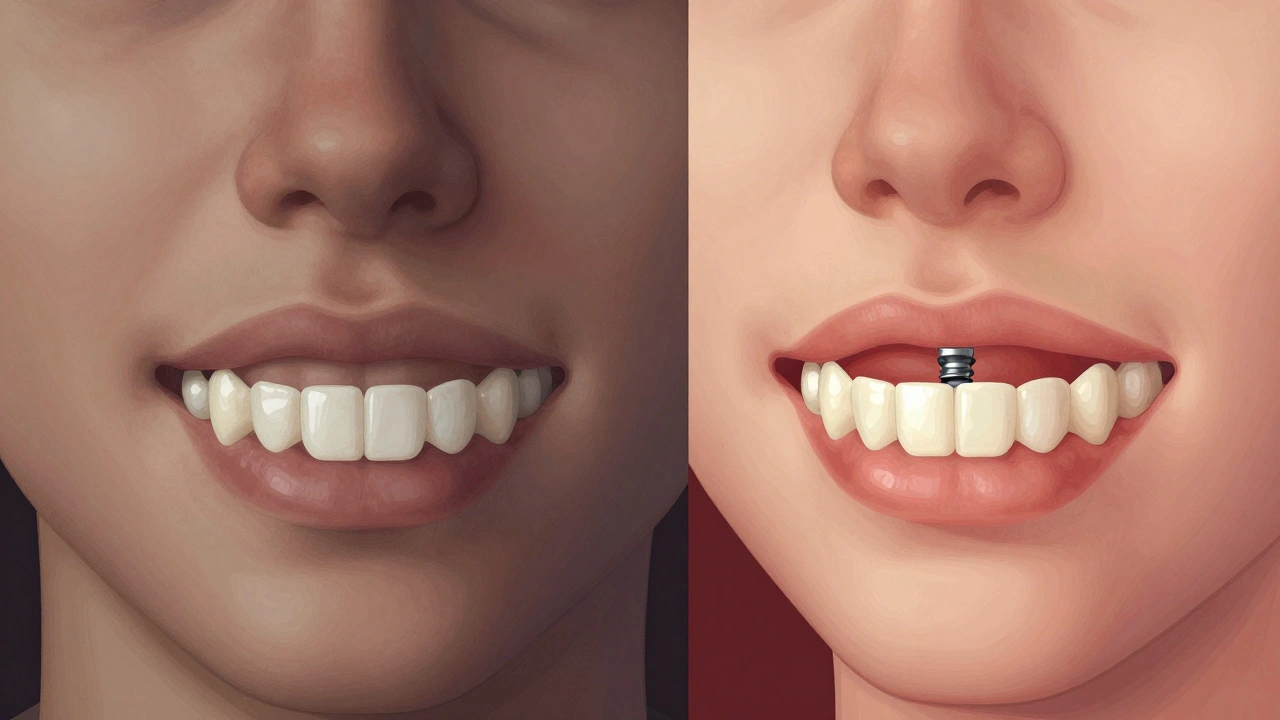 Porovnání zubní protézy a implantátu v průřezu čelisti.