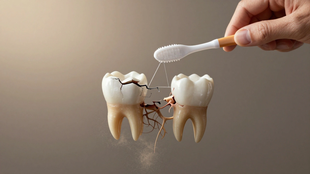 Poškozený můstek s rozpadajícími se oporovými zuby.