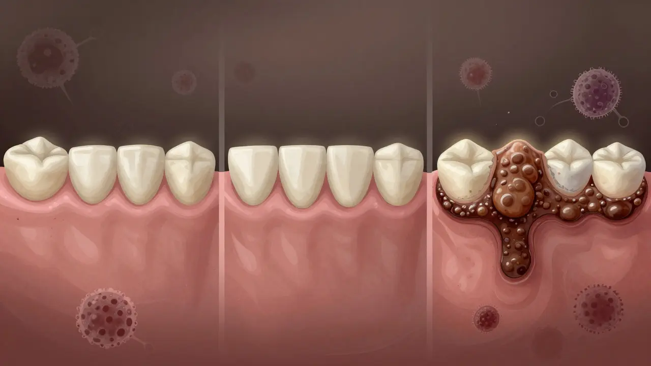 Postupné tvorba zubního kamene z plaku na zubech v třech fázích.