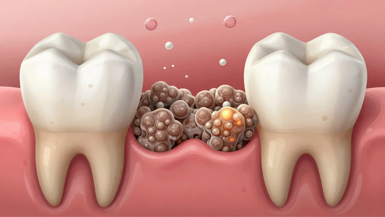 Příčný řez mezi zuby s plakem, zánětlivými dásněmi a hormony ovlivňujícími složení slin.