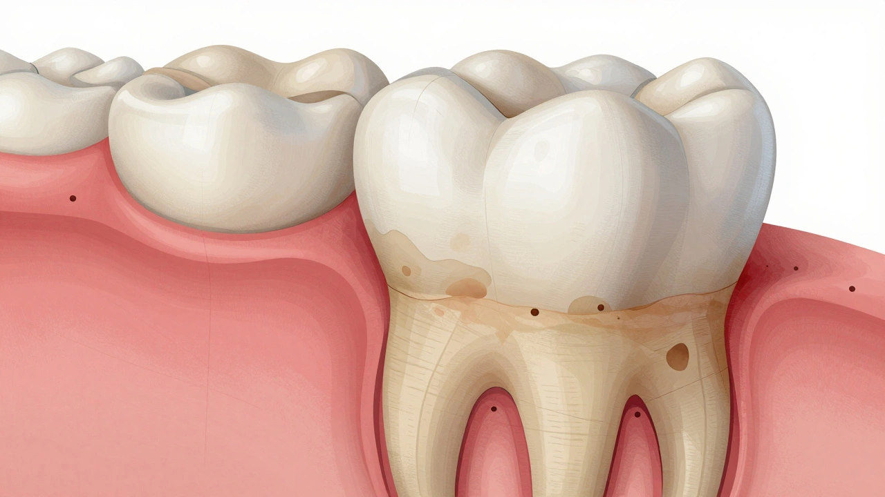 Příčný řez zubem ukazující částečně odstraněné pigmenty v porézní sklovině a nezměněné náplně.