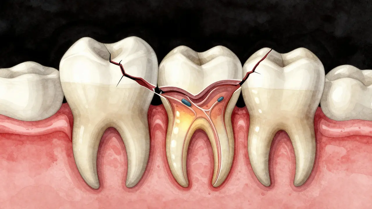 Příčný řez zubem ukazující prasklinu probíhající od skloviny až do pulpy.