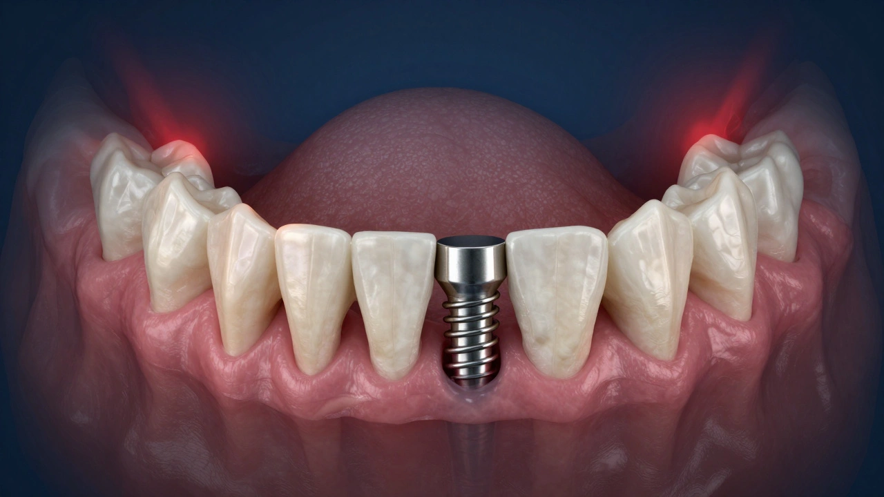 Průřez čelistí s implantátem a znaky infekce kolem něj.