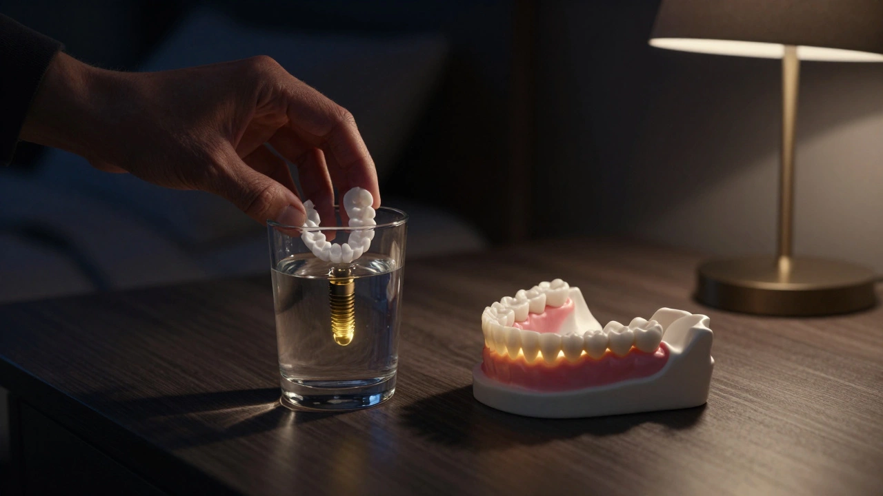 Ruce klade protézu do sklenice, zatímco implantát září vedle ní.