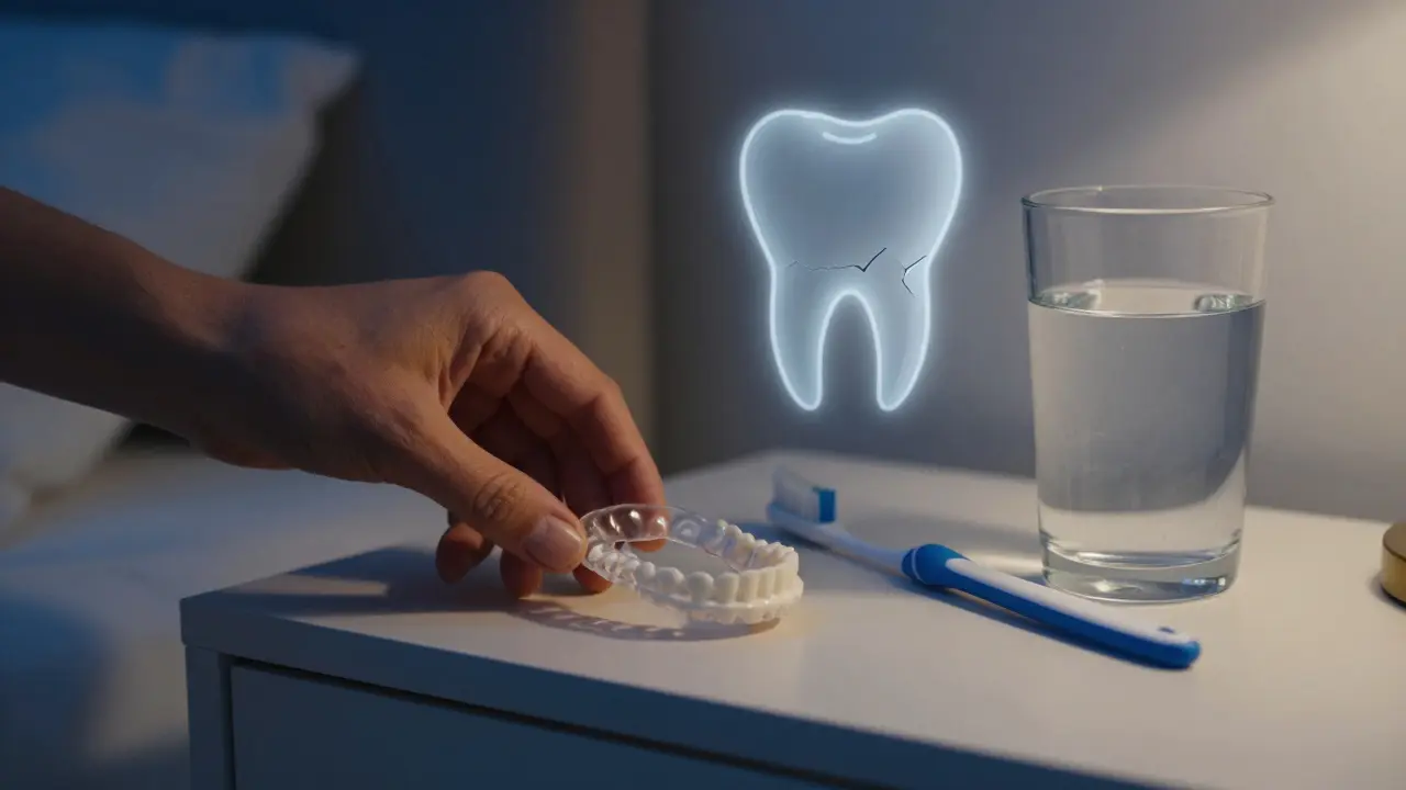 Ruka klade zubní štít na noční stolice vedle kartáčku a sklenice vody.