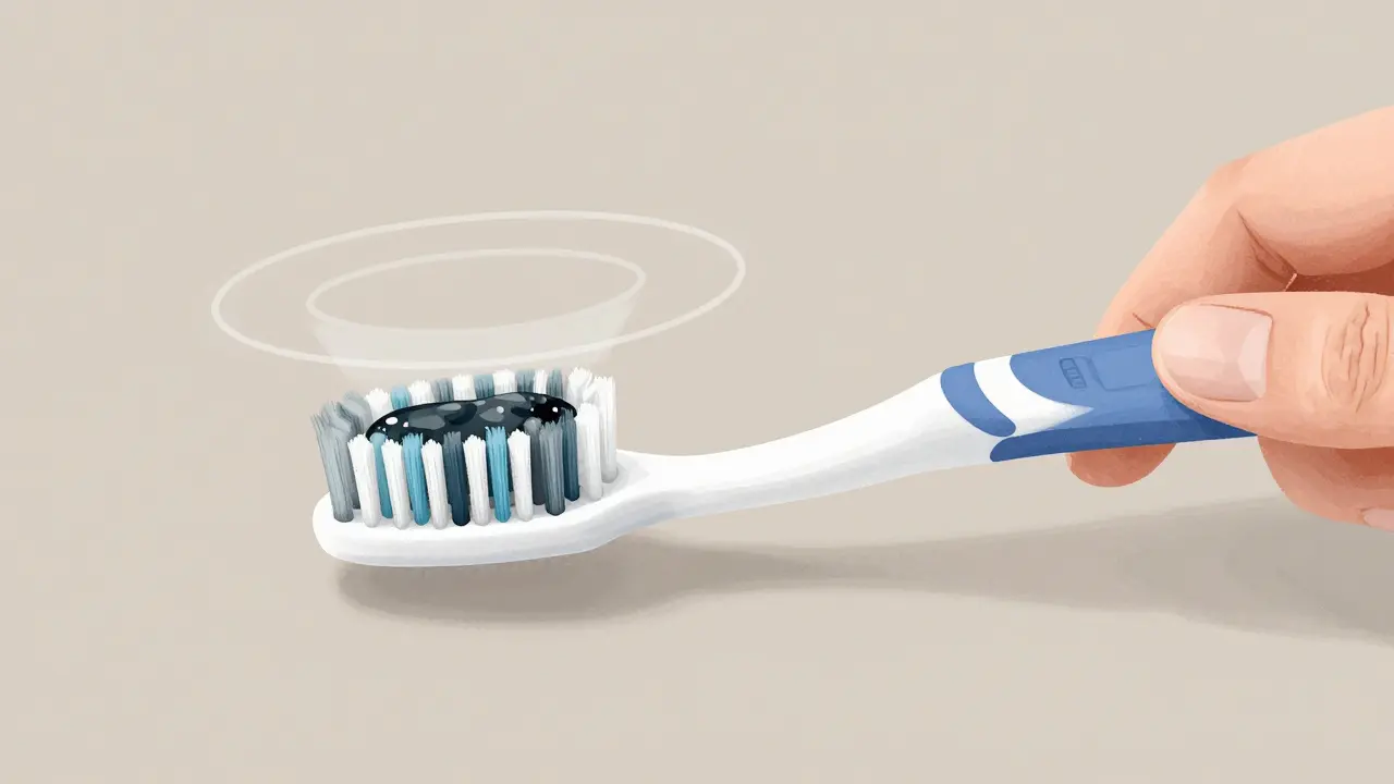 Rukou držený kartáček odstraňuje plak z povrchu zubů jemnými pohyby.