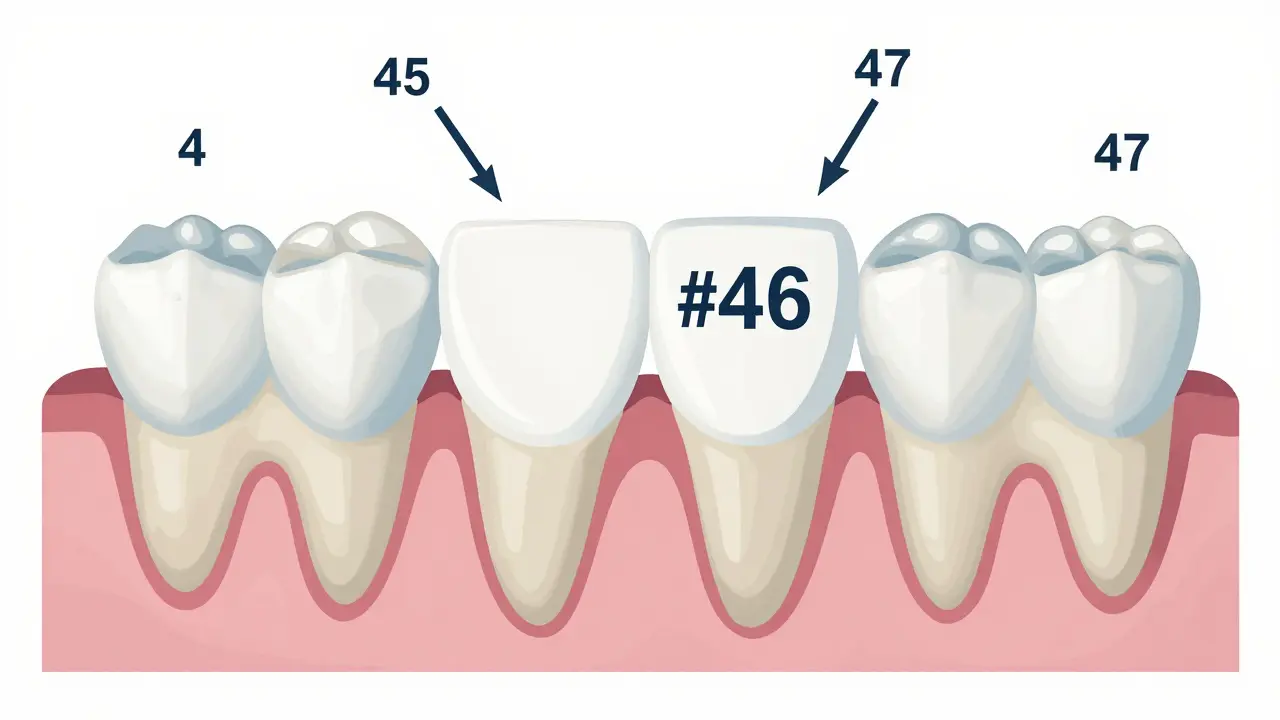 Schematic view of dental quadrant 4 showing tooth #46 and the inward tilt of adjacent teeth after its loss.