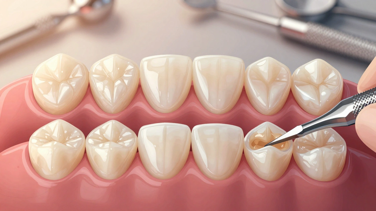 Six front teeth showing different stages of composite veneer application with visible resin layers and glossy finish.