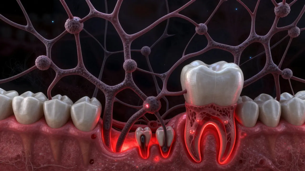 Skrytý biofilm pod dásní ničí kost a tkáň, způsobuje zánět a kapsy.